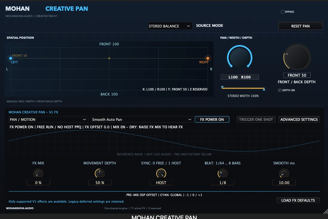 Real MOHAN CREATIVE PAN V1 interface showing Move forward and back