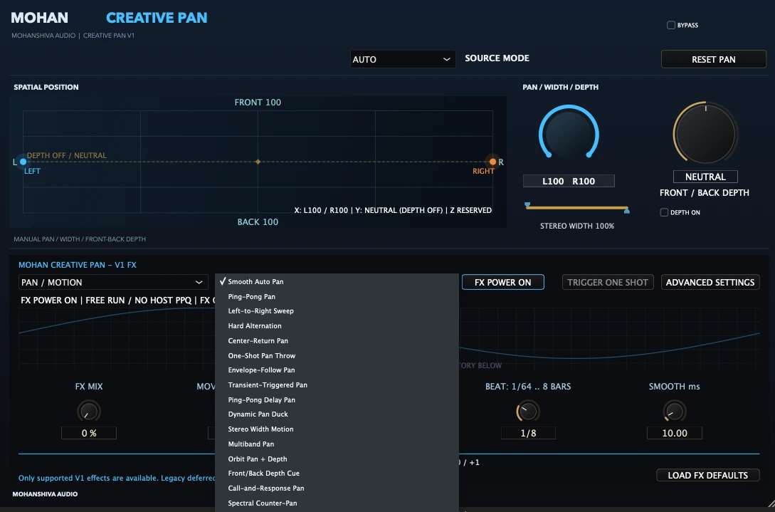 Real MOHAN CREATIVE PAN V1 interface showing Make sound move