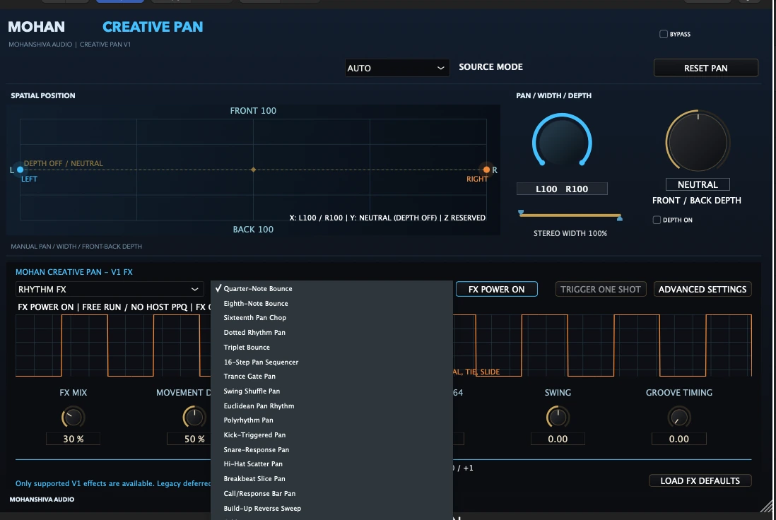 Real MOHAN CREATIVE PAN V1 interface showing Follow the groove
