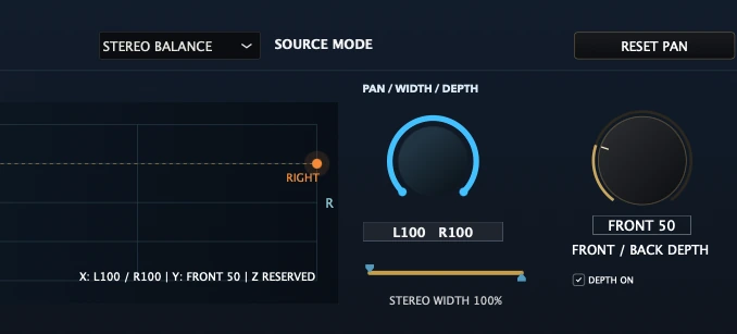 Real MOHAN CREATIVE PAN V1 interface showing Shape the stereo position