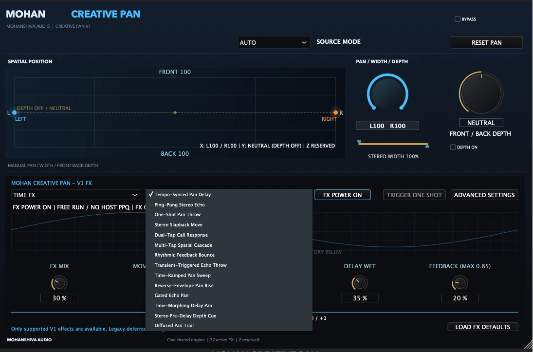 Real MOHAN CREATIVE PAN V1 interface showing Move with time
